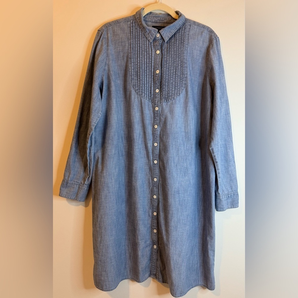 Lands End Women's Lightweight Denim Bib Pleat Neckline Shirt Dress Size 18
